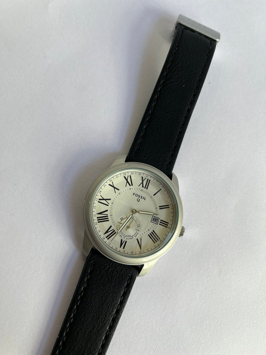 Aurevon Q Men’s Classic Analog Watch with White Roman Dial & Black Leather Strap