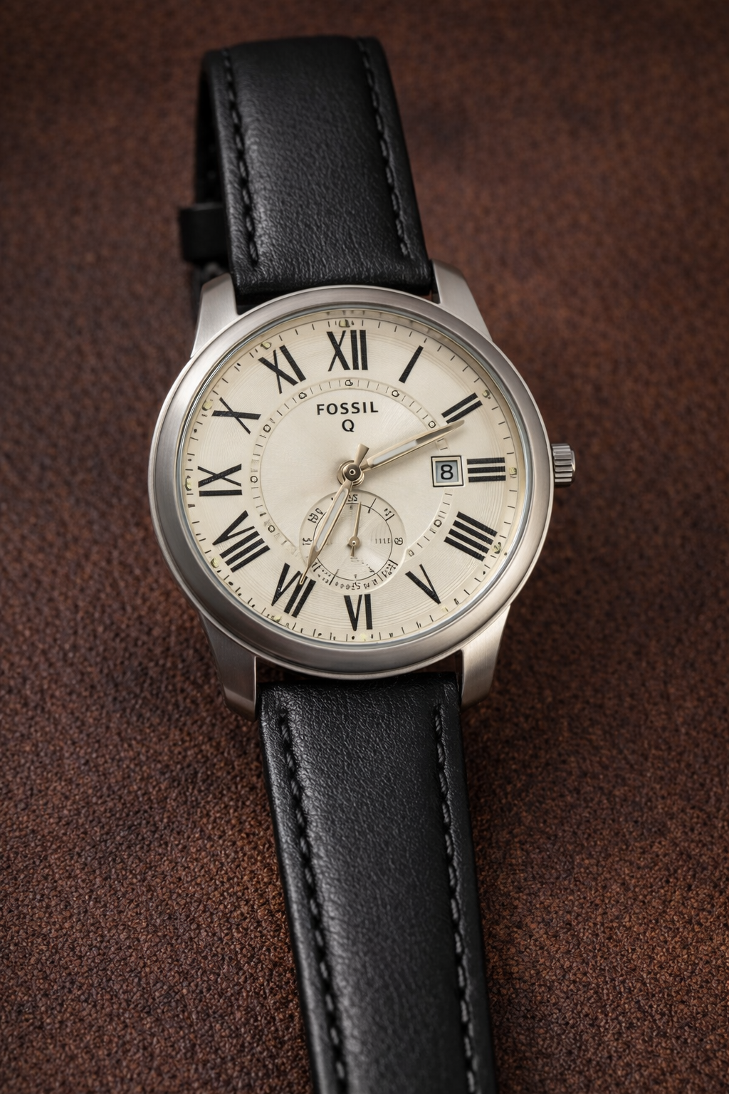Aurevon Q Men’s Classic Analog Watch with White Roman Dial & Black Leather Strap