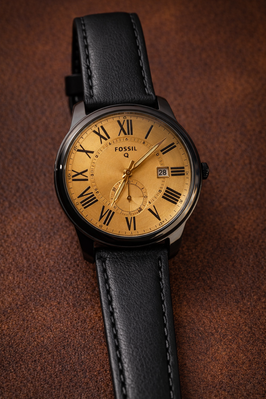 Aurevon Q Men’s Classic Analog Watch with Gold Dial, Roman Numerals & Black Leather Strap