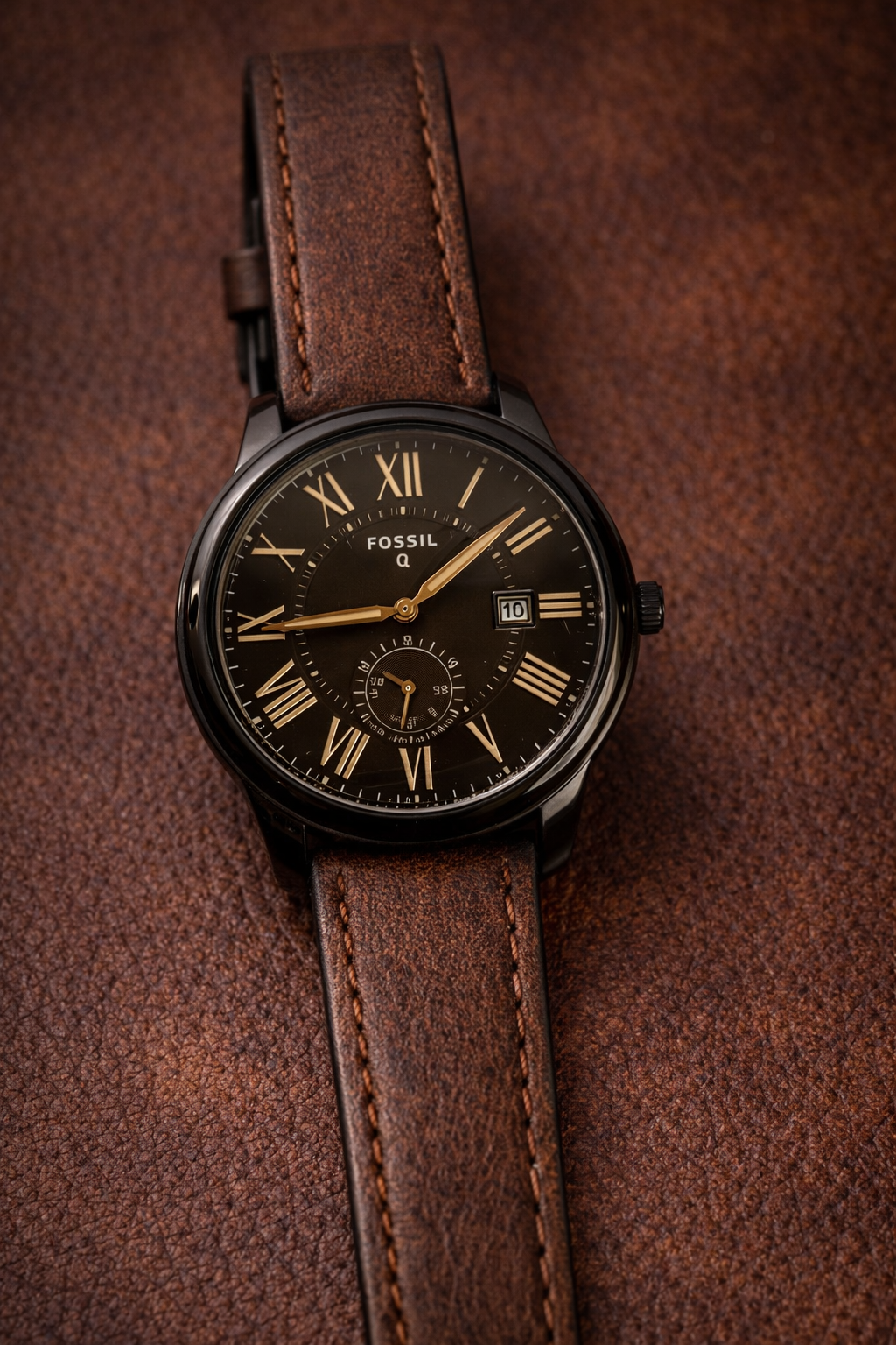 Aurevon Q Men’s Analog Watch with Black Dial, Roman Numerals & Brown Leather Strap