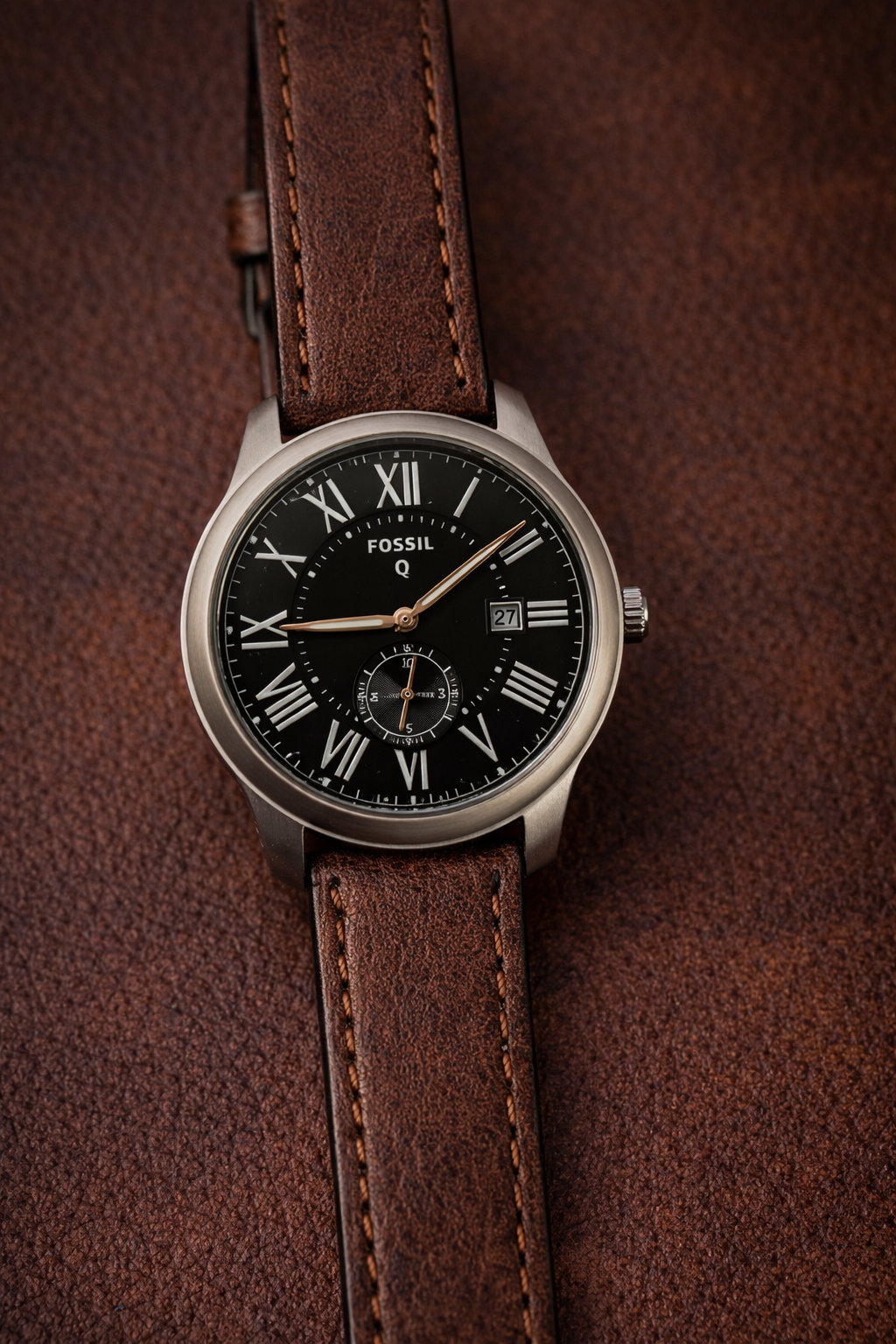 Aurevon Q Men’s Classic Analog Watch with Black Roman Dial & Brown Leather Strap