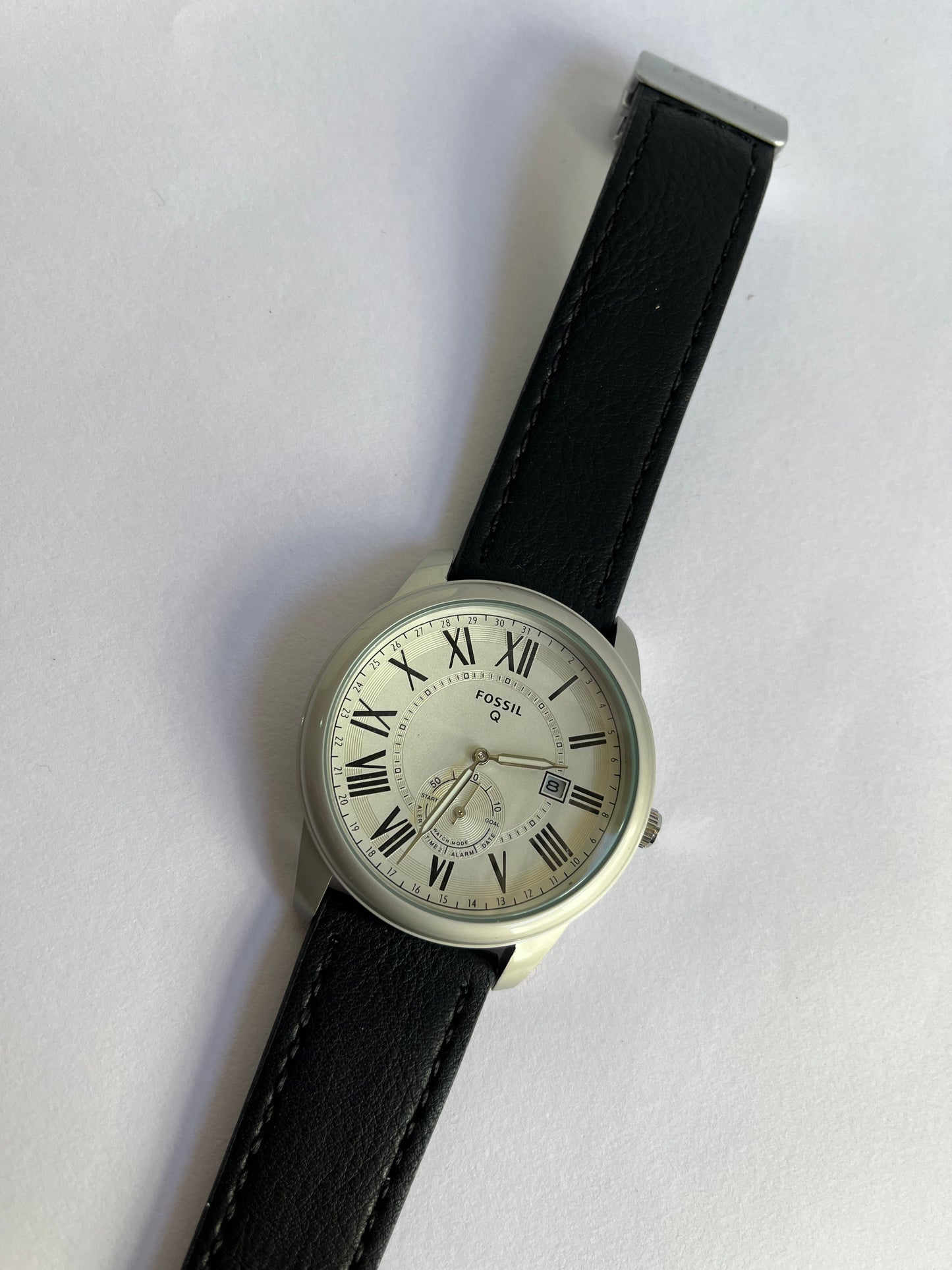 Aurevon Q Men’s Classic Analog Watch with White Roman Dial & Black Leather Strap