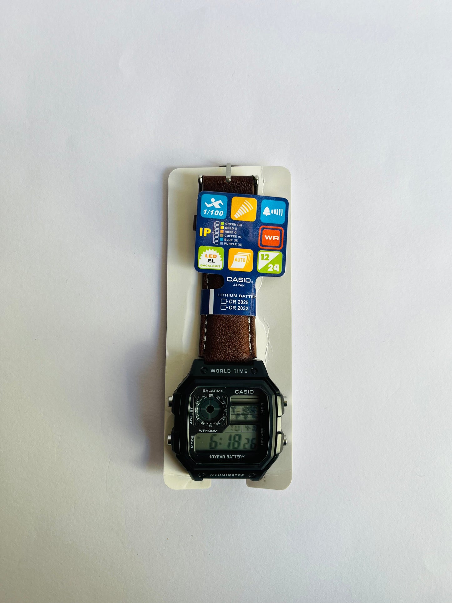 Aurevon Digital Sports Watch with Brown Leather Strap, World Time & Illuminator