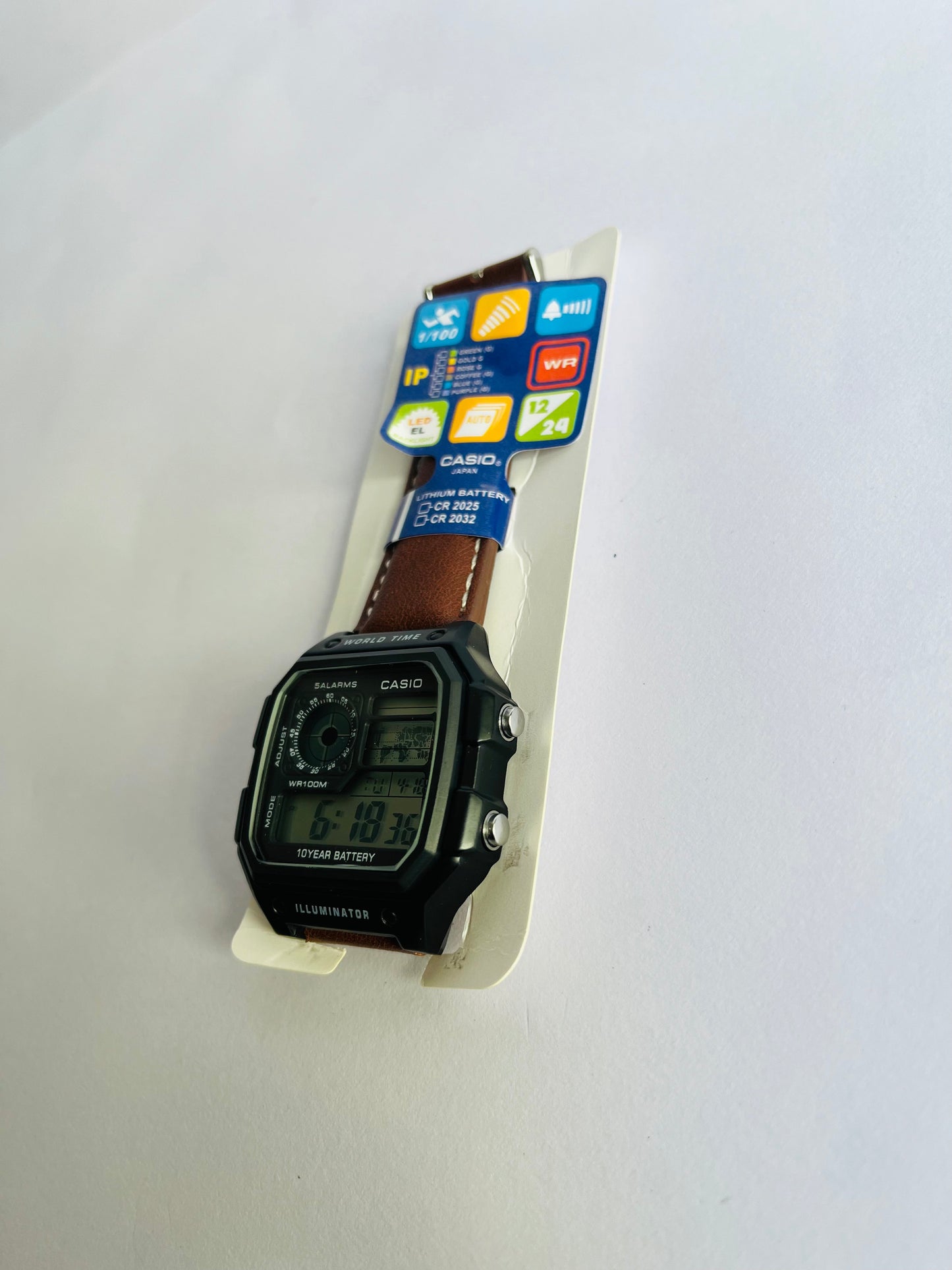 Aurevon Digital Sports Watch with Brown Leather Strap, World Time & Illuminator
