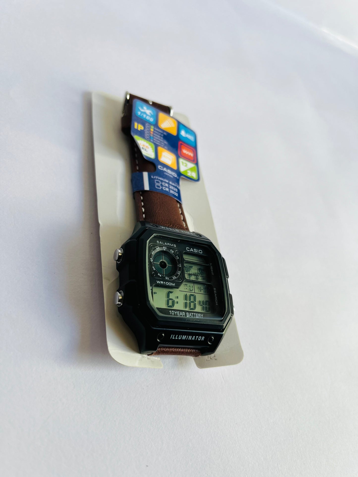 Aurevon Digital Sports Watch with Brown Leather Strap, World Time & Illuminator