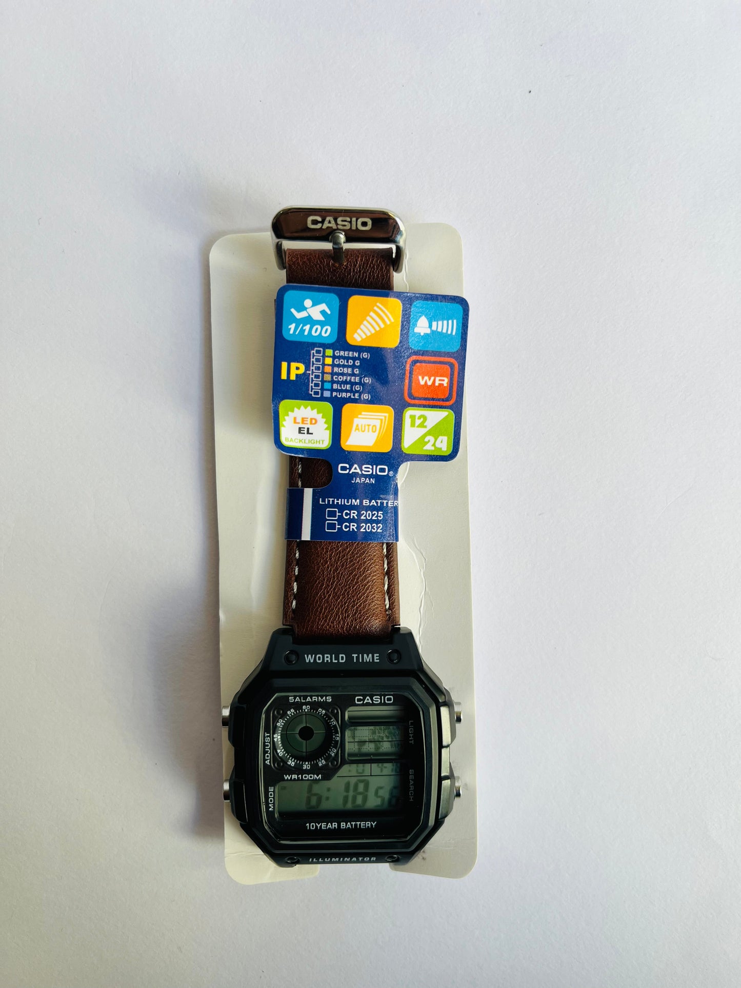 Aurevon Digital Sports Watch with Brown Leather Strap, World Time & Illuminator