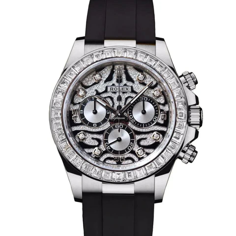 Aurevon Daytona Diamond Bezel Luxury Chronograph Watch with Black Rubber Strap