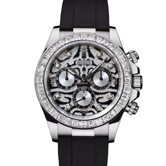 Aurevon Daytona Diamond Bezel Luxury Chronograph Watch with Black Rubber Strap