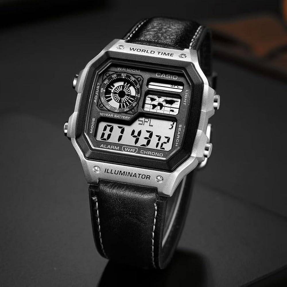 Aurevon Casio World Time Illuminator Digital Watch with Leather Strap