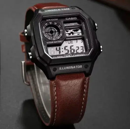Aurevon Digital Sports Watch with Brown Leather Strap, World Time & Illuminator